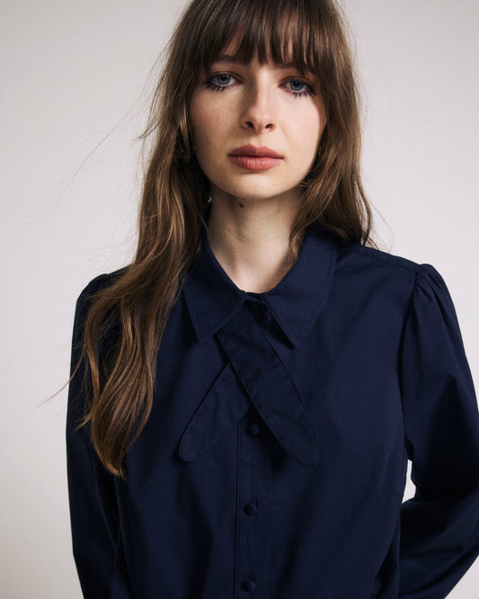 Universal Standard Janet Tie-Neck Cotton Poplin Shirt - Navy