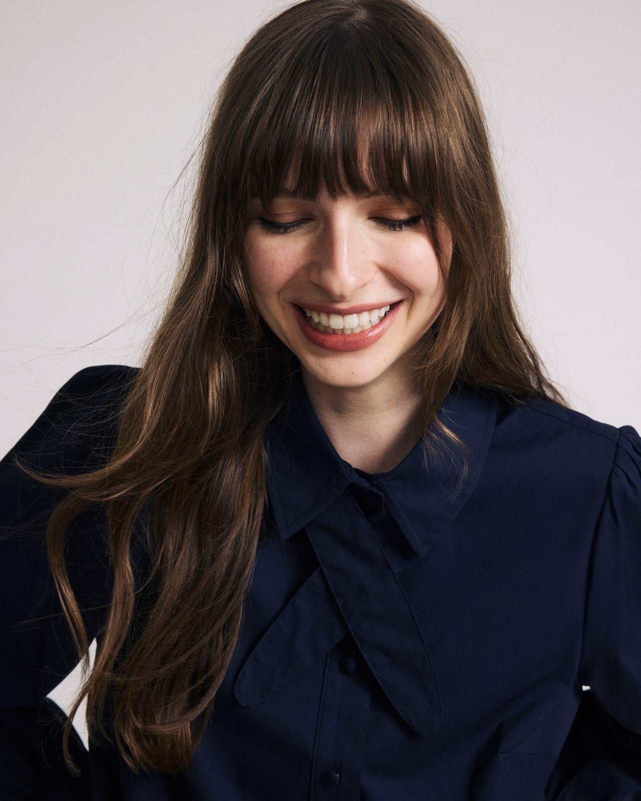Universal Standard Janet Tie-Neck Cotton Poplin Shirt - Navy