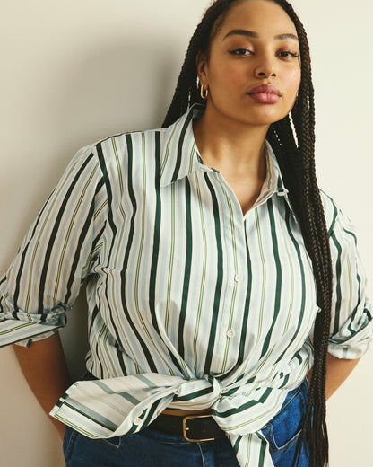 Universal Standard The Artist Poplin Shirt - Forest Green Multi Stripe
