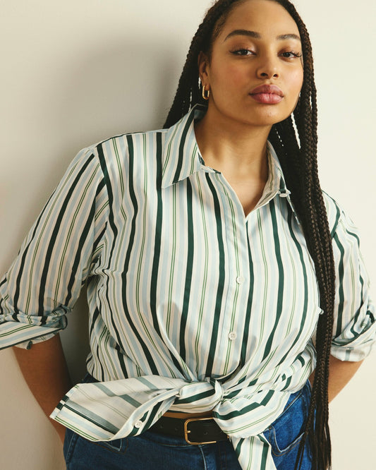 Universal Standard The Artist Poplin Shirt - Forest Green Multi Stripe