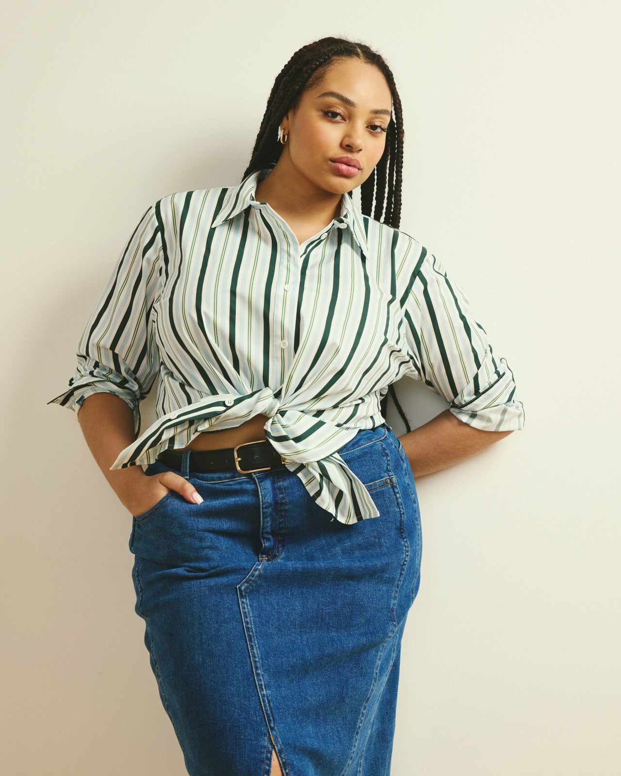 Universal Standard The Artist Poplin Shirt - Forest Green Multi Stripe