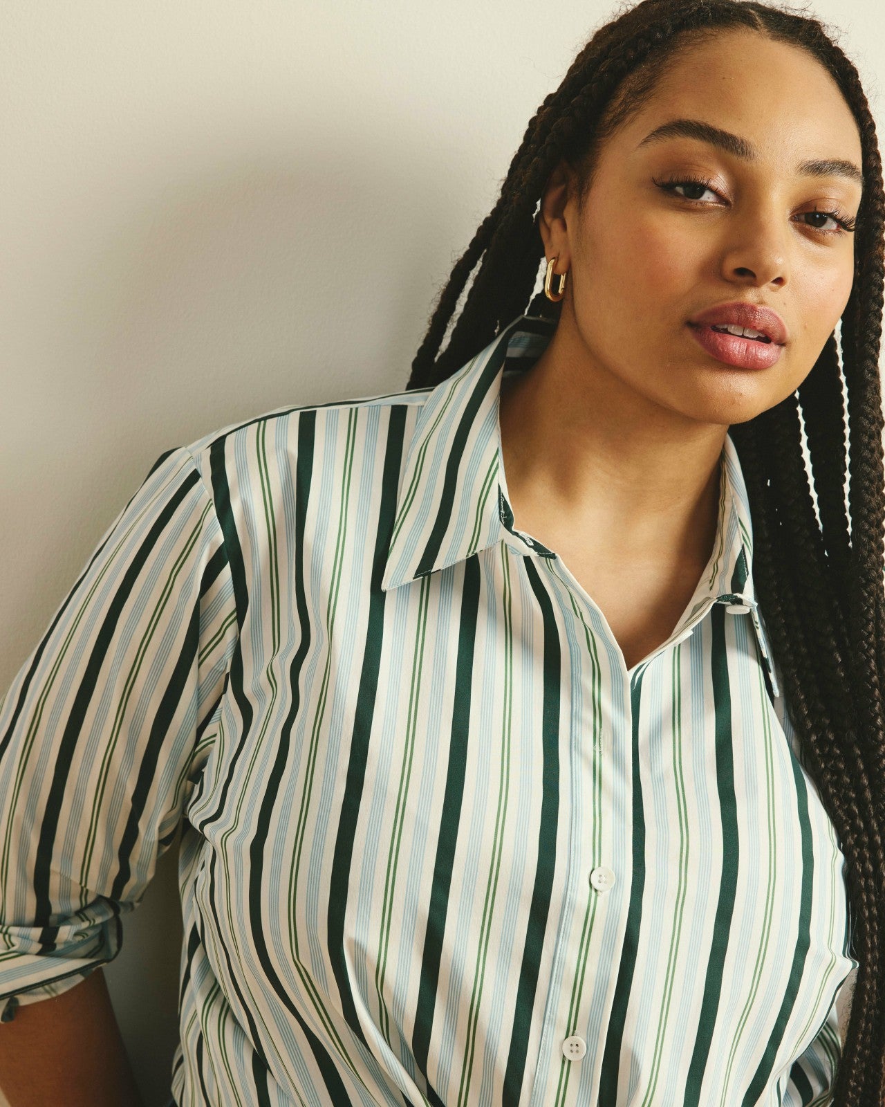 Universal Standard The Artist Poplin Shirt - Forest Green Multi Stripe