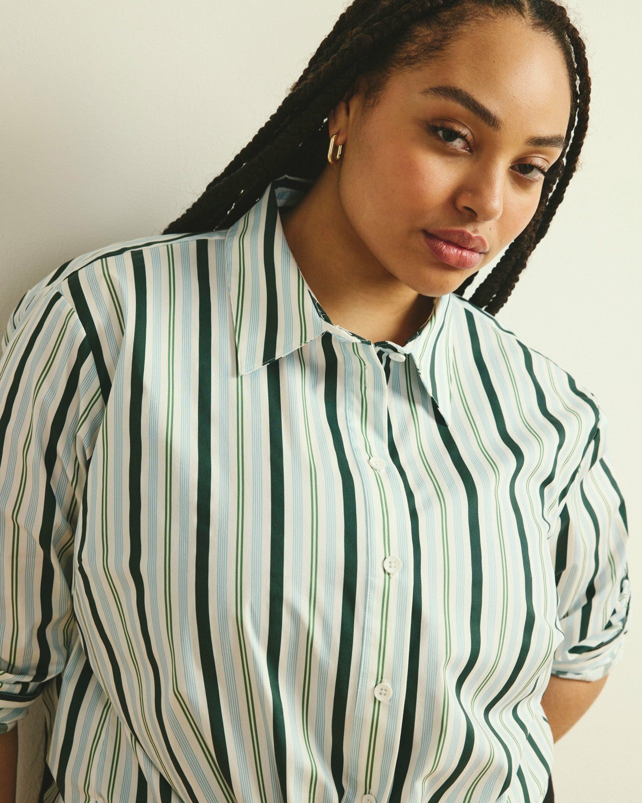 Universal Standard The Artist Poplin Shirt - Forest Green Multi Stripe