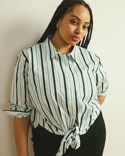 Universal Standard The Artist Poplin Shirt - Forest Green Multi Stripe
