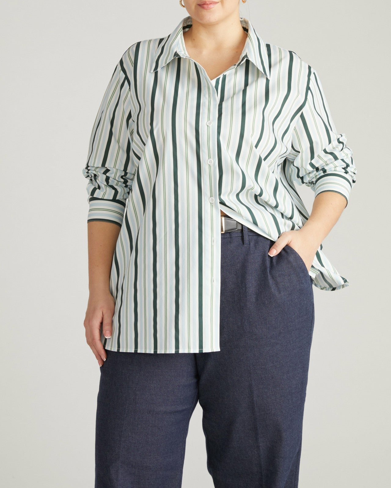 Universal Standard The Artist Poplin Shirt - Forest Green Multi Stripe