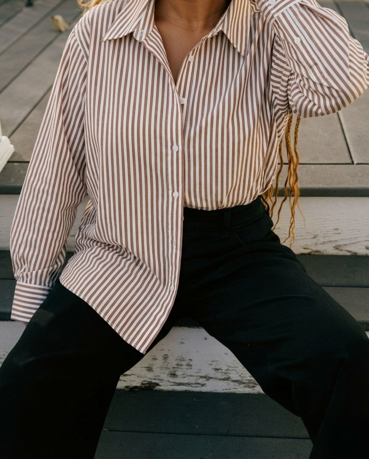 Universal Standard The Artist Poplin Shirt - Allspice/White Stripe