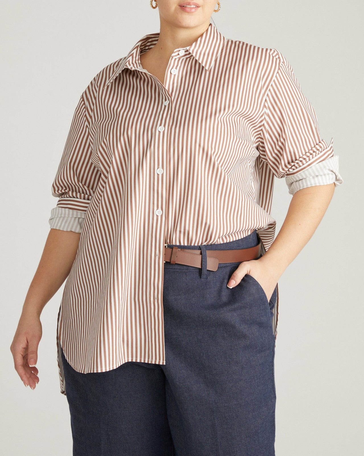 Universal Standard The Artist Poplin Shirt - Allspice/White Stripe