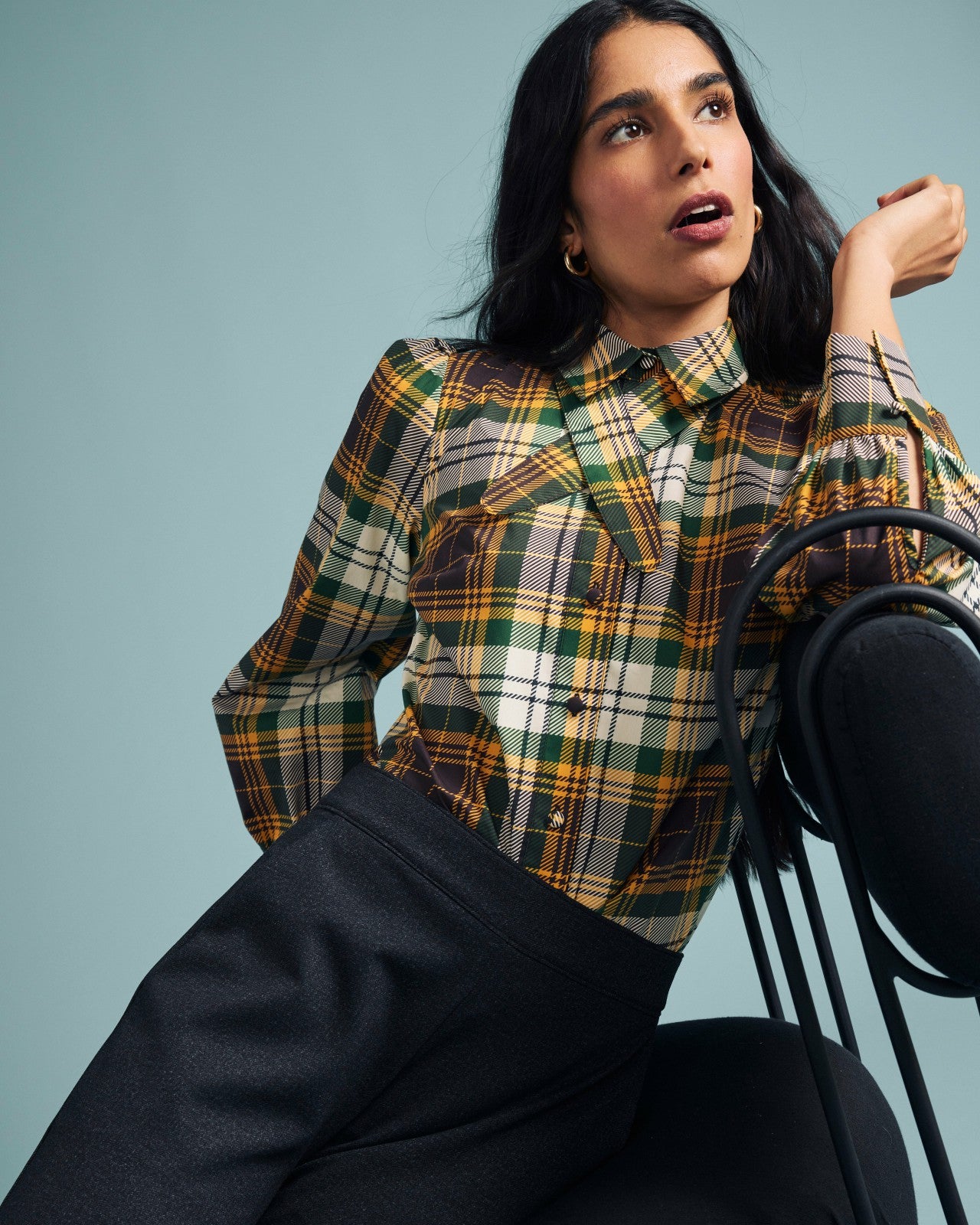 Universal Standard Janet Tie-Neck Cotton Poplin Shirt - Brown Plaid