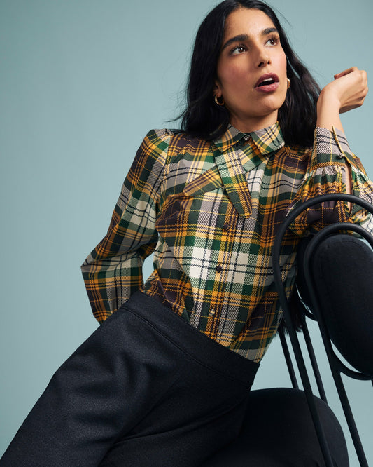 Universal Standard Janet Tie-Neck Cotton Poplin Shirt - Brown Plaid