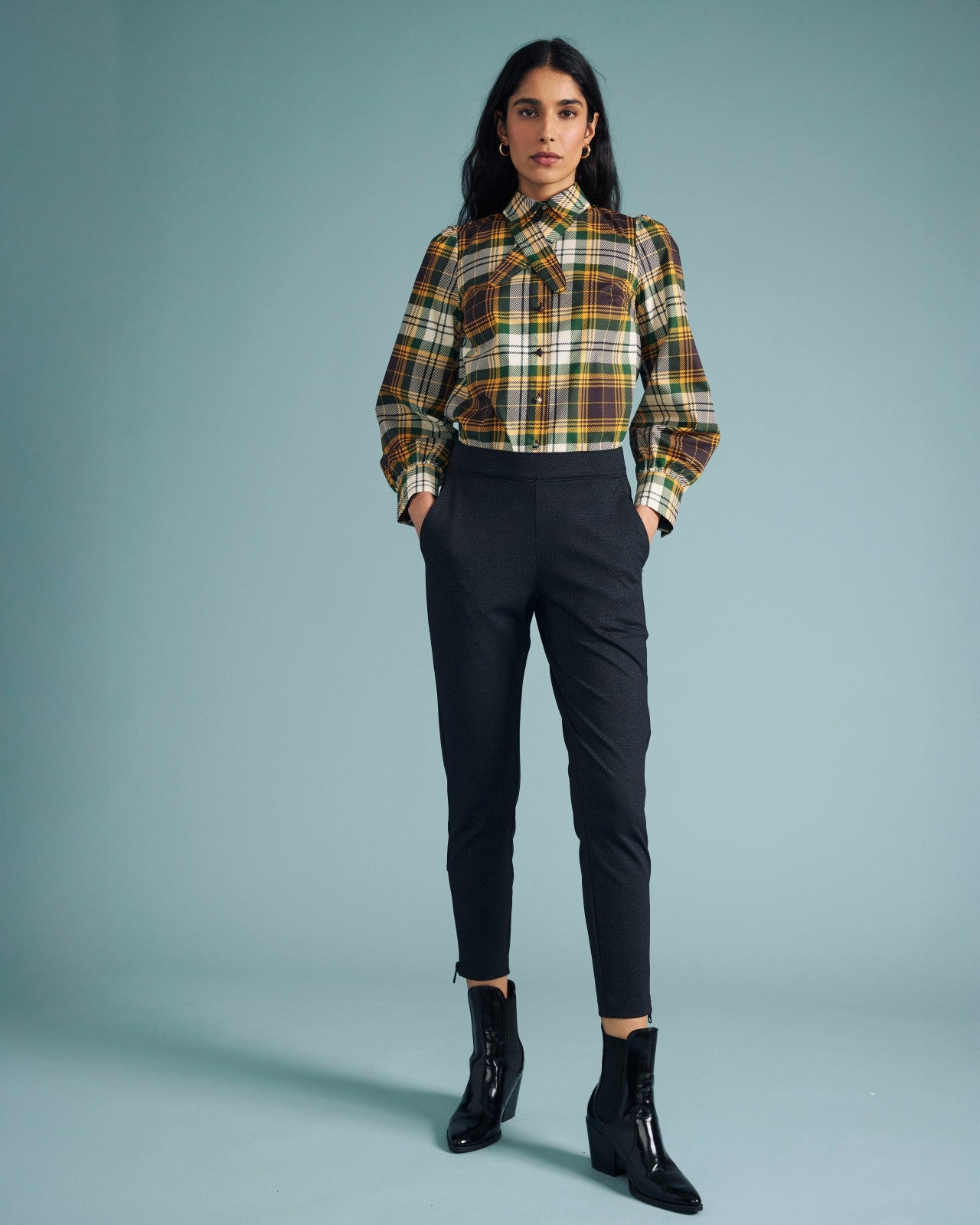 Universal Standard Janet Tie-Neck Cotton Poplin Shirt - Brown Plaid