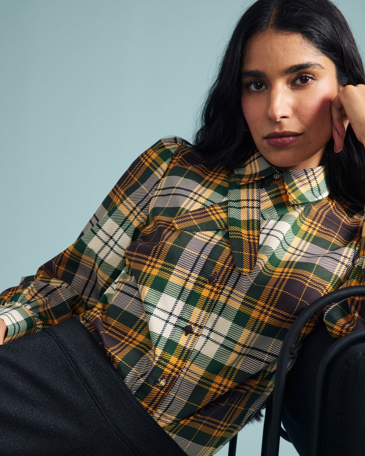 Universal Standard Janet Tie-Neck Cotton Poplin Shirt - Brown Plaid