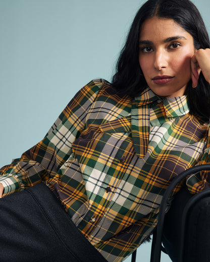Universal Standard Janet Tie-Neck Cotton Poplin Shirt - Brown Plaid