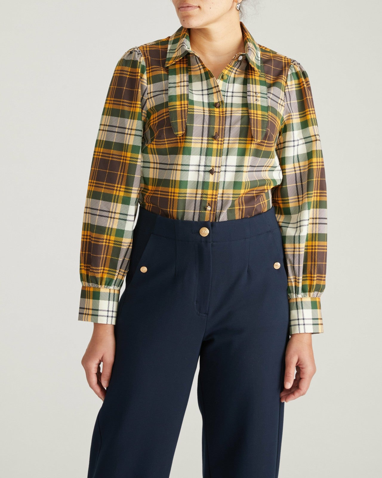 Universal Standard Janet Tie-Neck Cotton Poplin Shirt - Brown Plaid