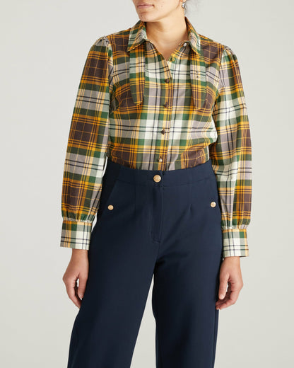 Universal Standard Janet Tie-Neck Cotton Poplin Shirt - Brown Plaid