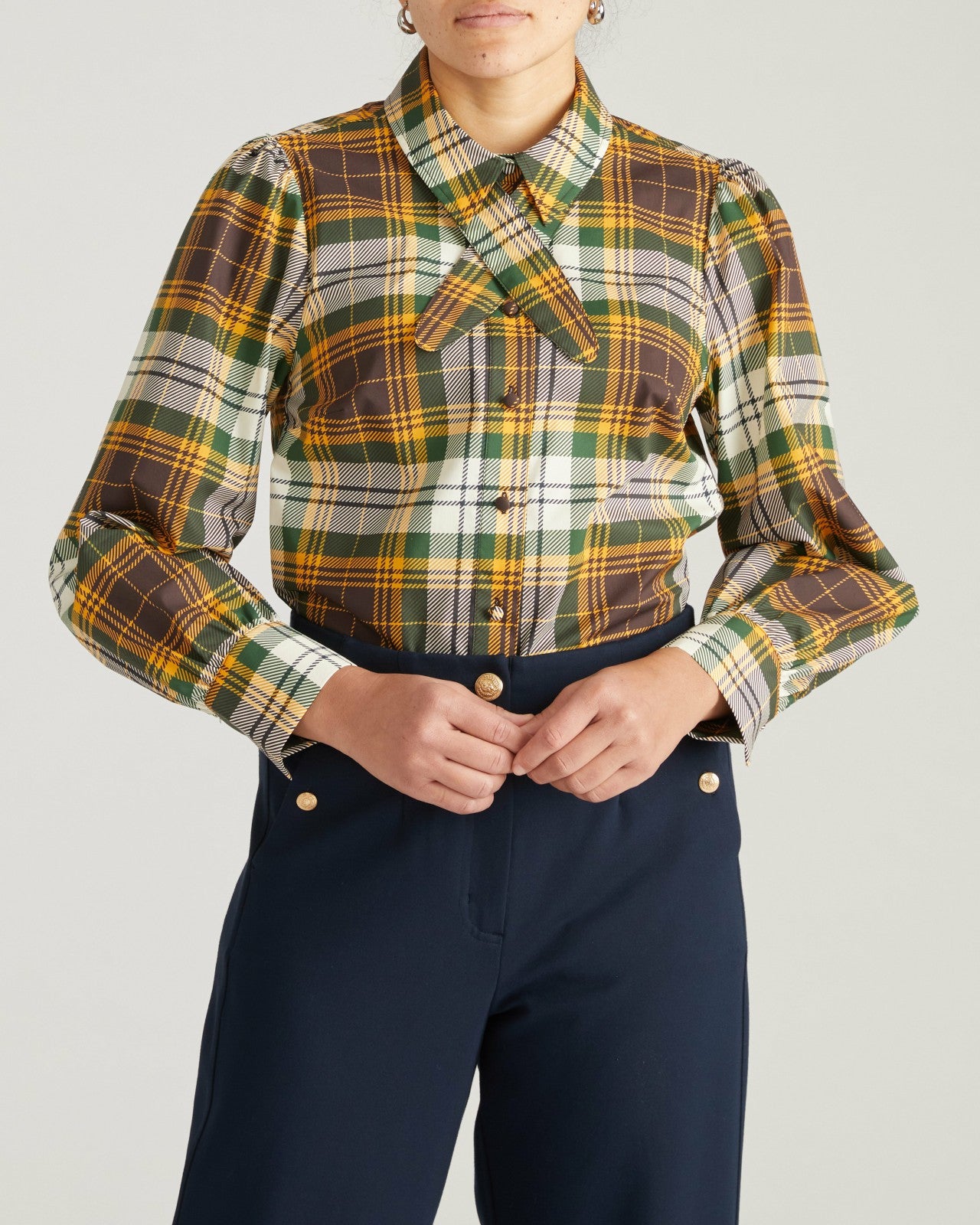 Universal Standard Janet Tie-Neck Cotton Poplin Shirt - Brown Plaid