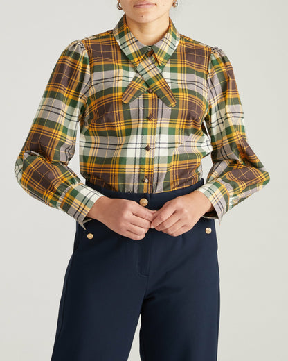 Universal Standard Janet Tie-Neck Cotton Poplin Shirt - Brown Plaid
