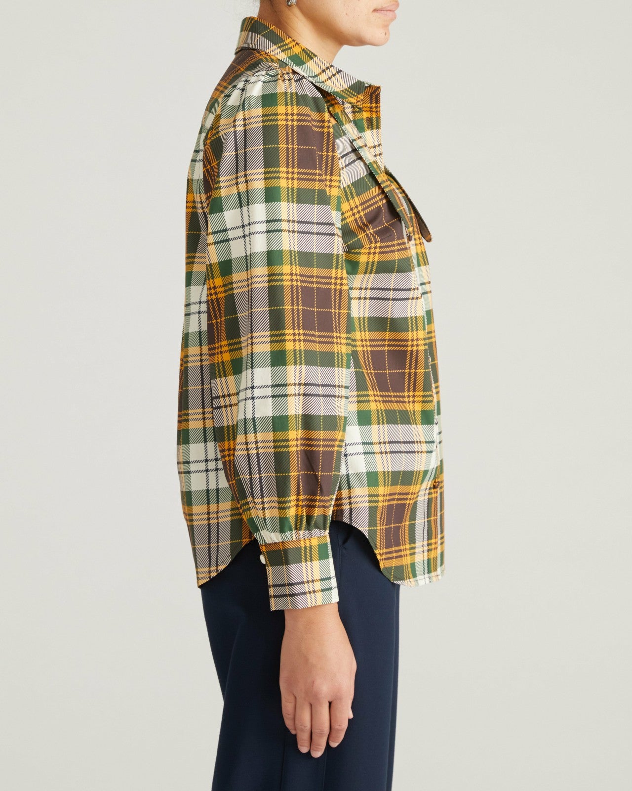 Universal Standard Janet Tie-Neck Cotton Poplin Shirt - Brown Plaid