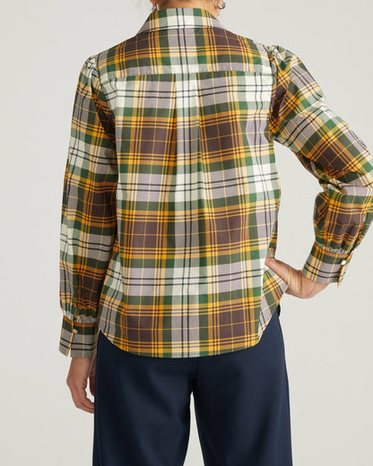 Universal Standard Janet Tie-Neck Cotton Poplin Shirt - Brown Plaid