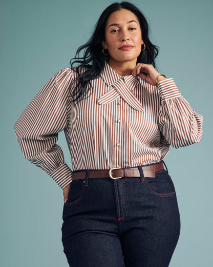Universal Standard Janet Tie-Neck Cotton Poplin Shirt - Allspice/White Stripe