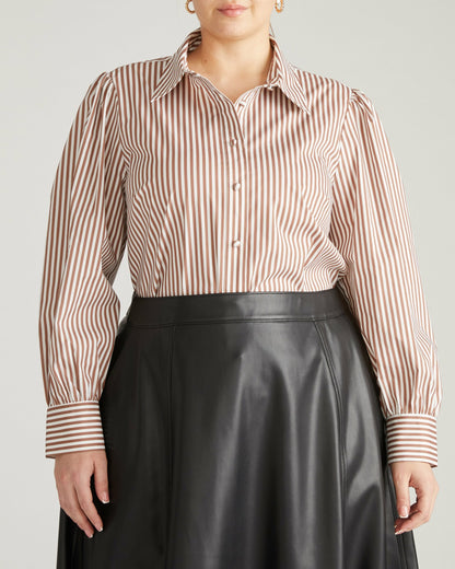 Universal Standard Janet Tie-Neck Cotton Poplin Shirt - Allspice/White Stripe