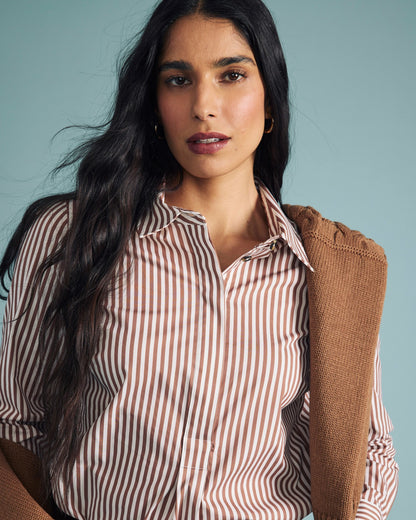 Universal Standard Elbe Popover Stretch Poplin Shirt Classic Fit - Allspice/White Stripe
