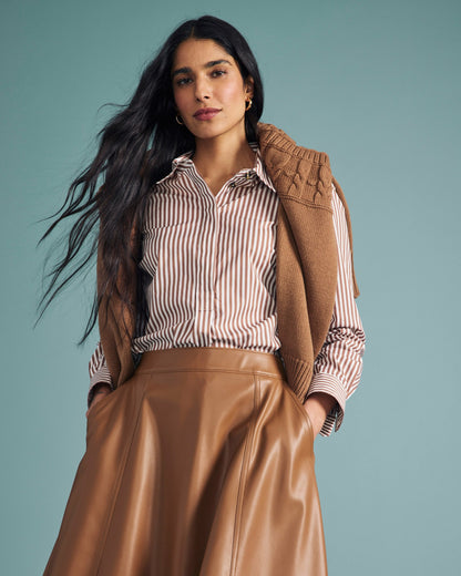 Universal Standard Elbe Popover Stretch Poplin Shirt Classic Fit - Allspice/White Stripe