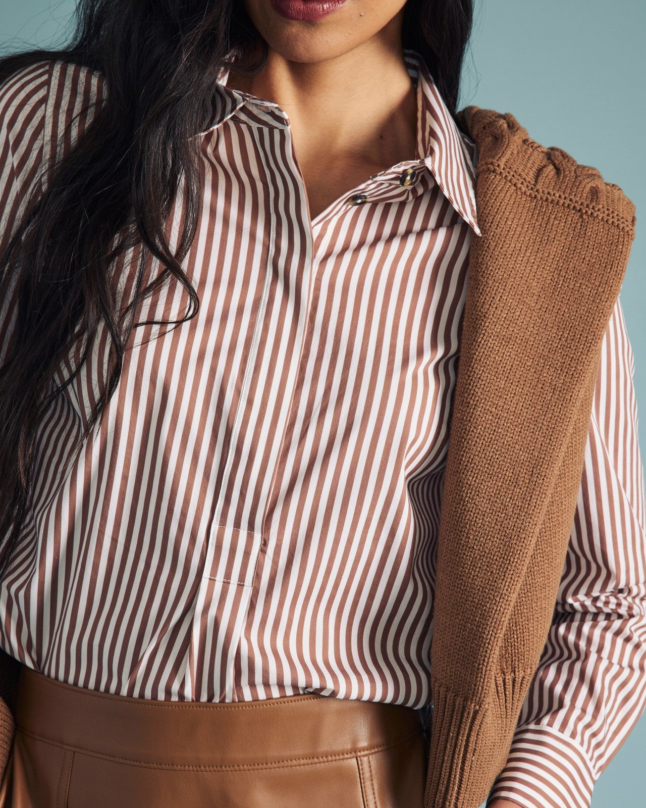 Universal Standard Elbe Popover Stretch Poplin Shirt Classic Fit - Allspice/White Stripe