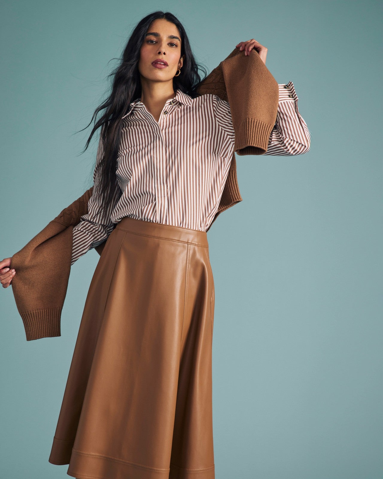 Universal Standard Elbe Popover Stretch Poplin Shirt Classic Fit - Allspice/White Stripe
