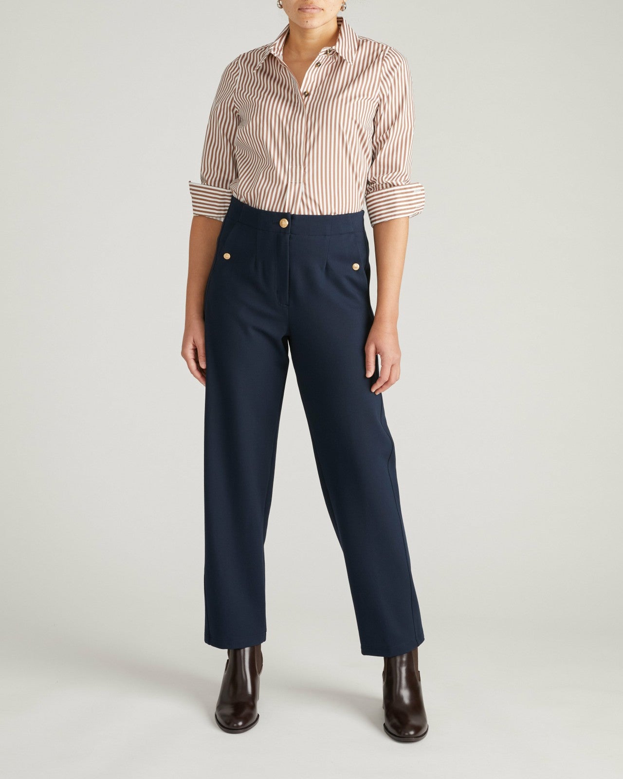 Universal Standard Elbe Popover Stretch Poplin Shirt Classic Fit - Allspice/White Stripe