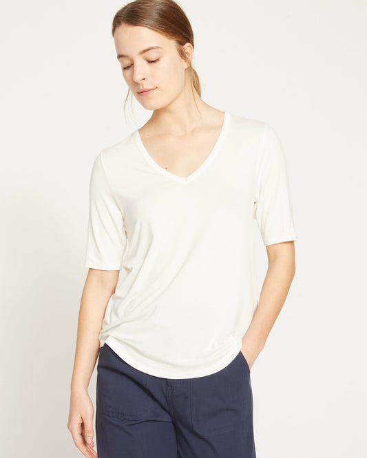Universal Standard Lily Liquid Jersey V-Neck Stovepipe Tee - White