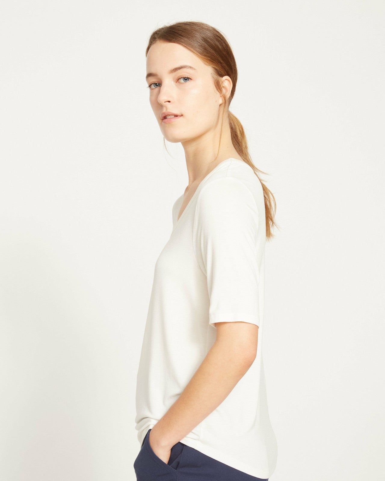 Universal Standard Lily Liquid Jersey V-Neck Stovepipe Tee - White