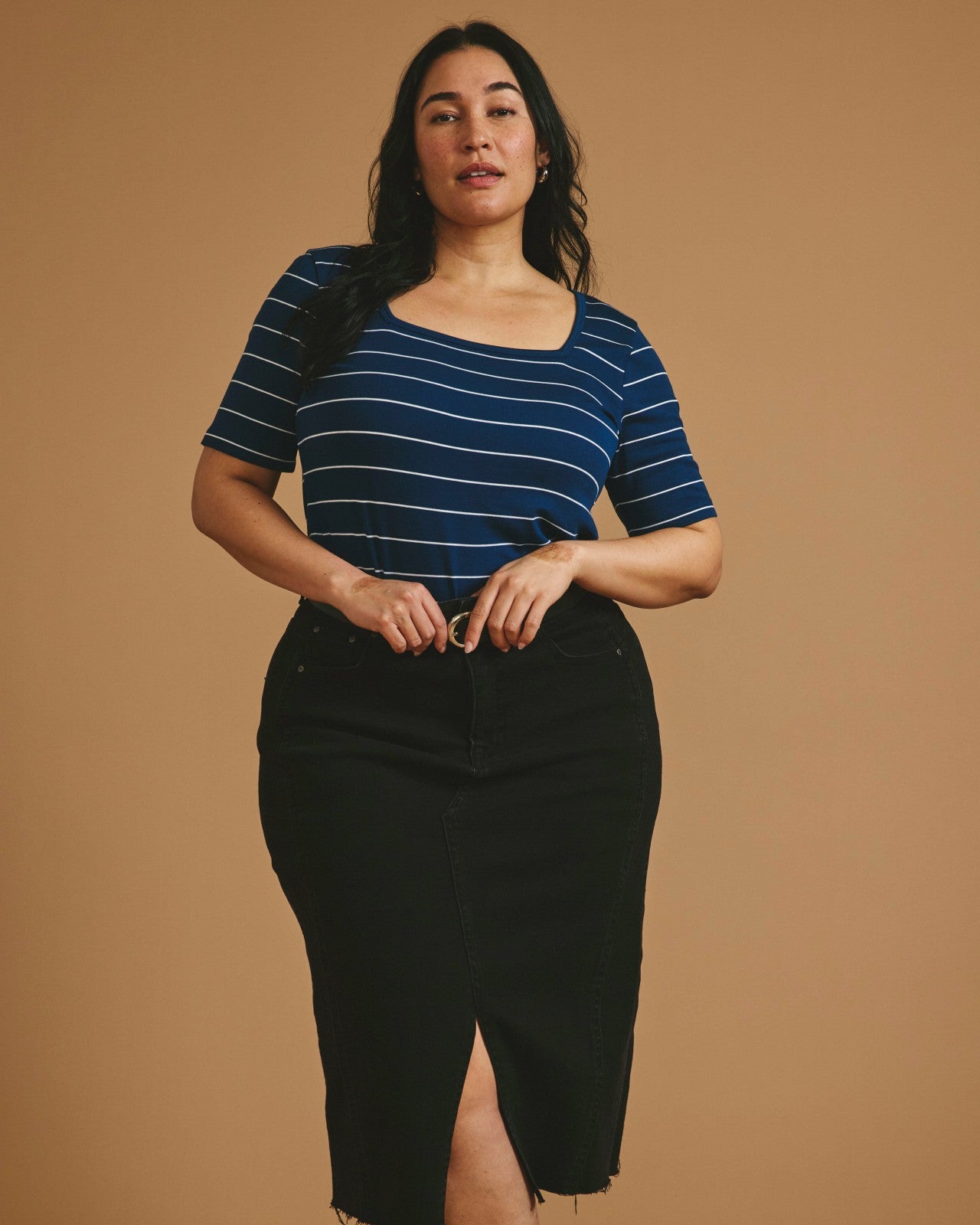 Universal Standard Cloud Rib Short Sleeve Square Neck Tee - Teal/White Microstripe