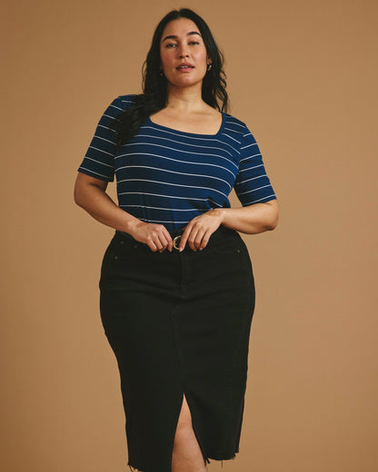 Universal Standard Cloud Rib Short Sleeve Square Neck Tee - Teal/White Microstripe