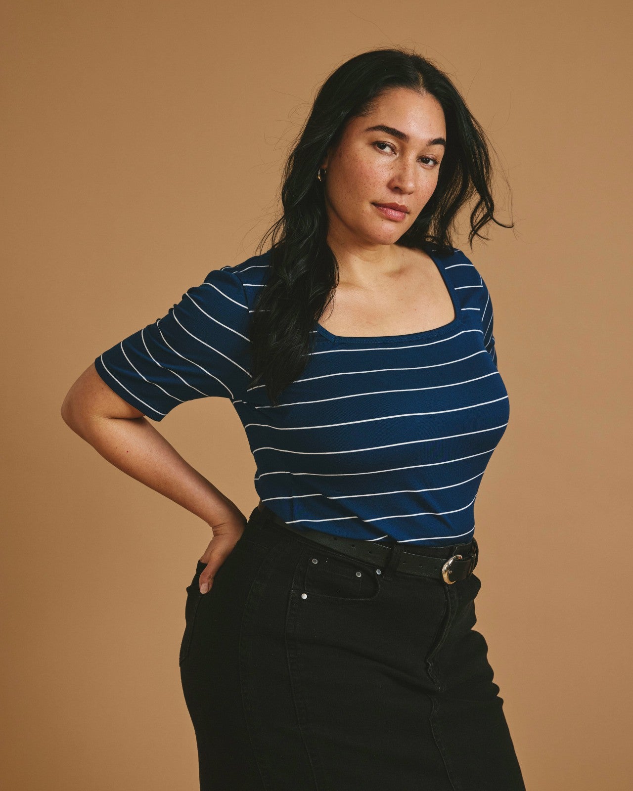 Universal Standard Cloud Rib Short Sleeve Square Neck Tee - Teal/White Microstripe