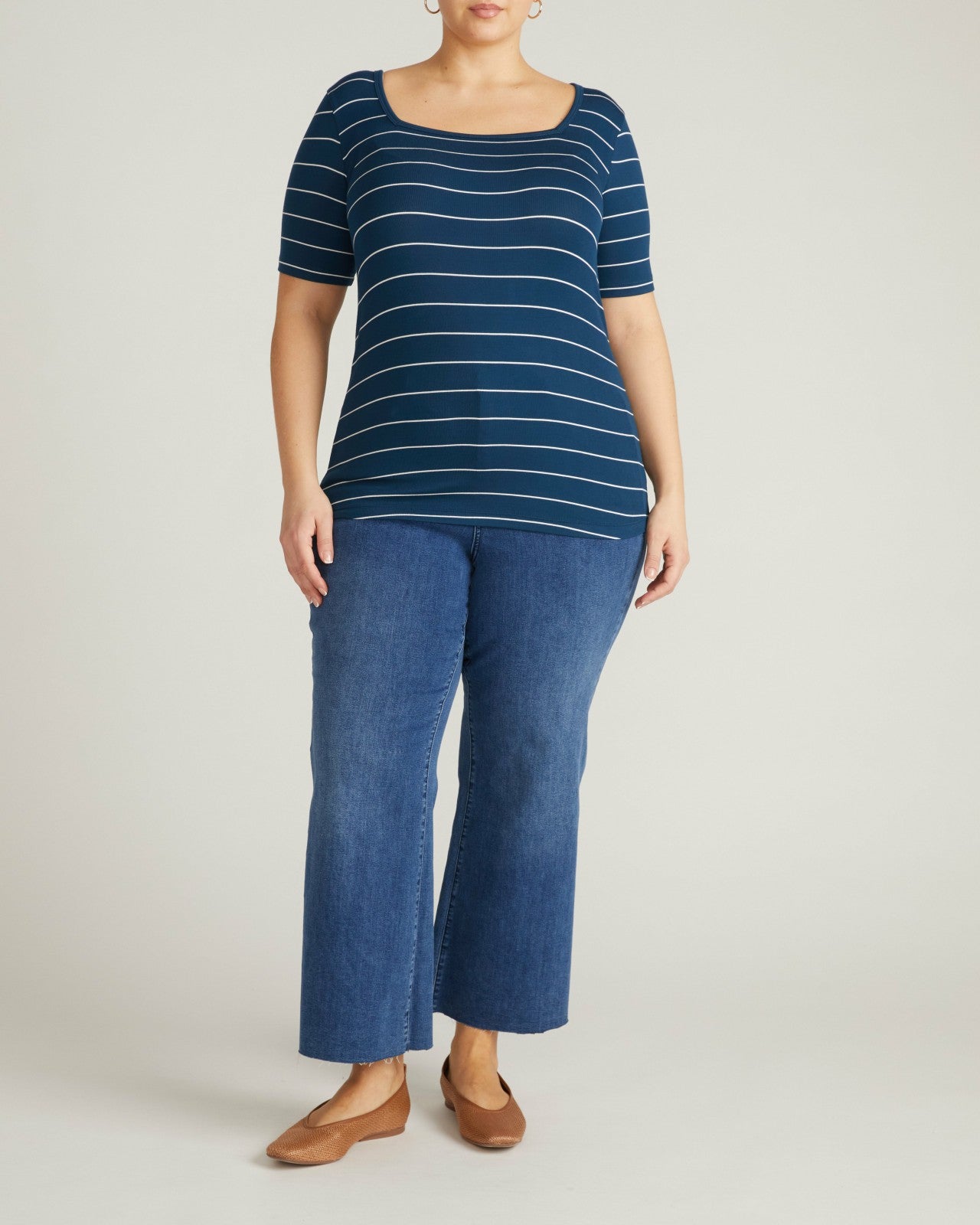Universal Standard Cloud Rib Short Sleeve Square Neck Tee - Teal/White Microstripe