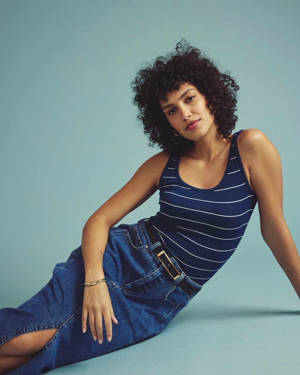 Universal Standard Cloud Rib Tank - Teal/White Microstripe