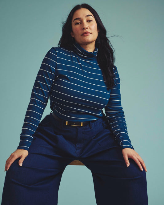 Universal Standard Cloud Rib Turtleneck - Teal/White Microstripe