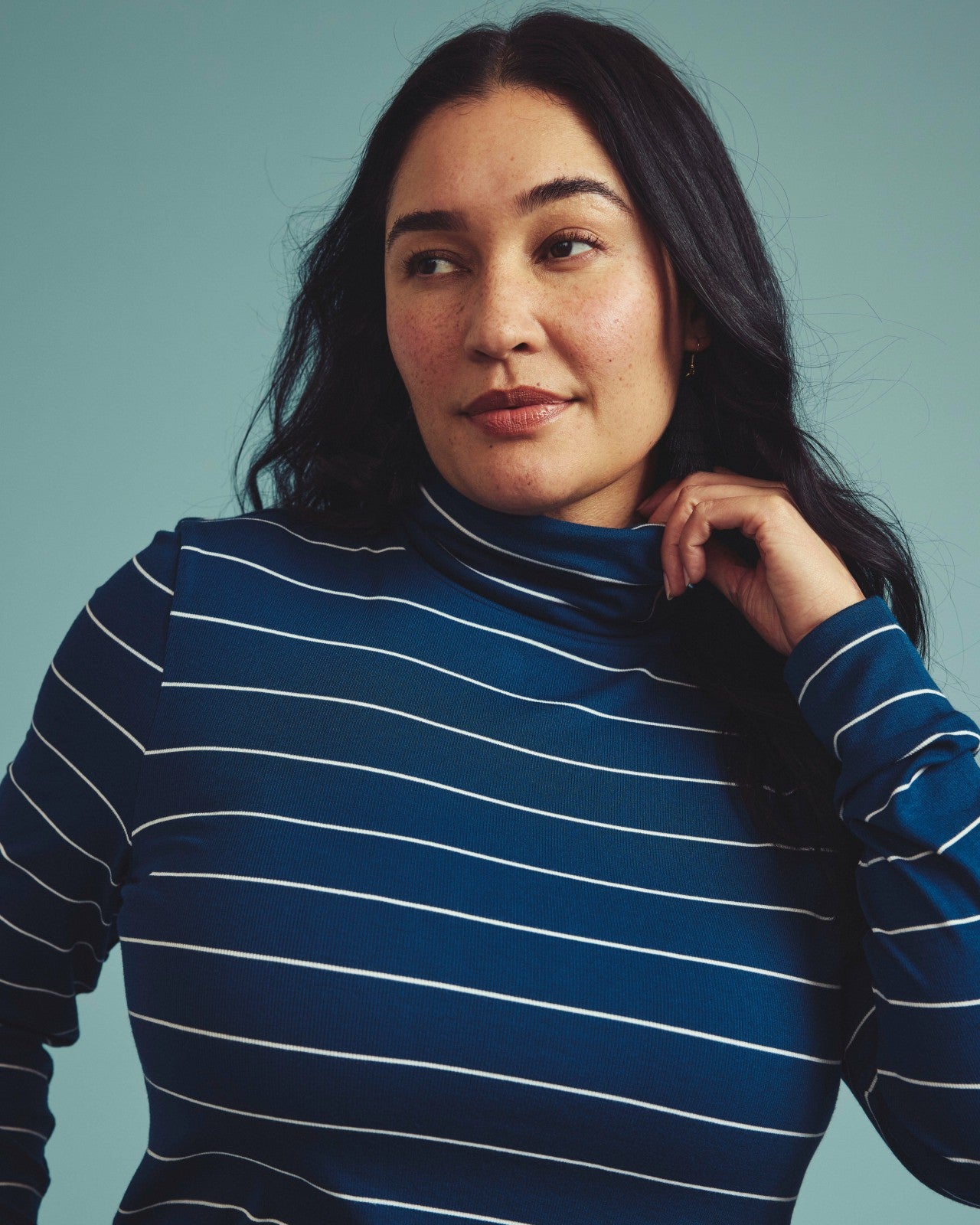 Universal Standard Cloud Rib Turtleneck - Teal/White Microstripe