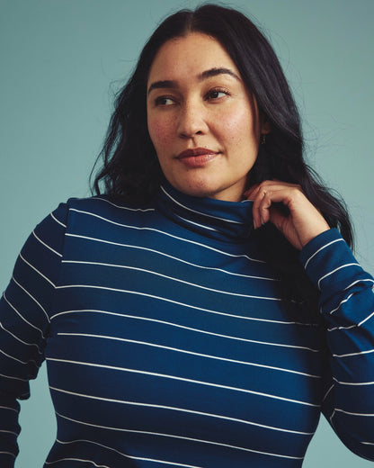 Universal Standard Cloud Rib Turtleneck - Teal/White Microstripe