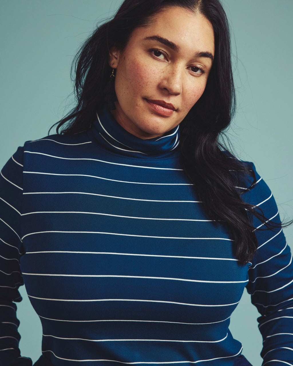Universal Standard Cloud Rib Turtleneck - Teal/White Microstripe