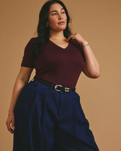 Universal Standard Cloud Rib Short Sleeve V-Neck Tee - Black Cherry