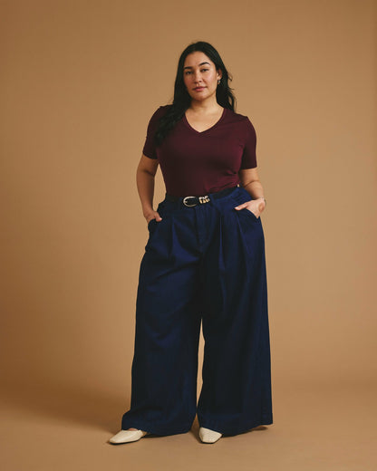 Universal Standard Cloud Rib Short Sleeve V-Neck Tee - Black Cherry