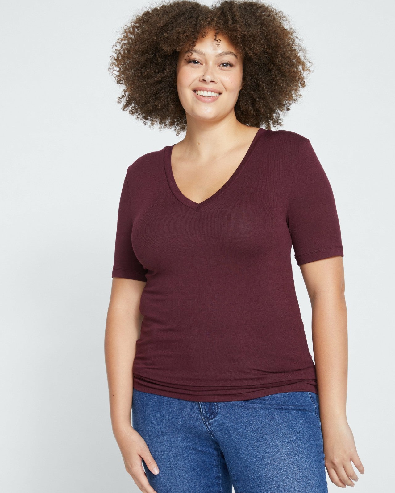 Universal Standard Cloud Rib Short Sleeve V-Neck Tee - Black Cherry