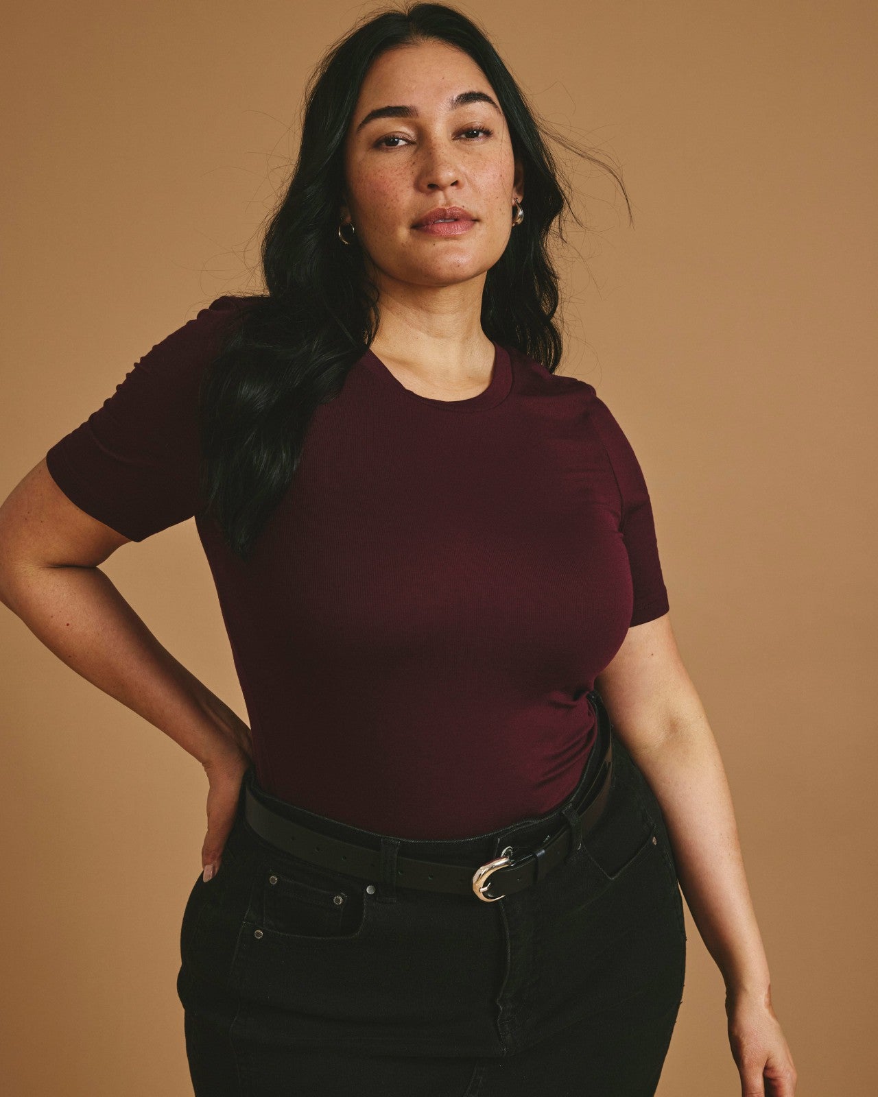 Universal Standard Cloud Rib Short Sleeve Crew Neck Tee - Black Cherry