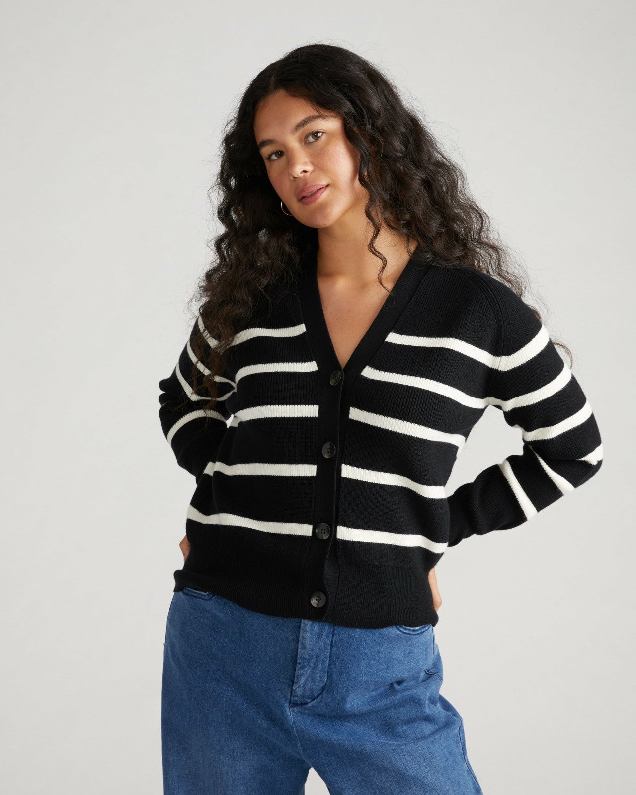 Universal Standard Better-Than-Wool Cardigan - Black/Cream Stripe