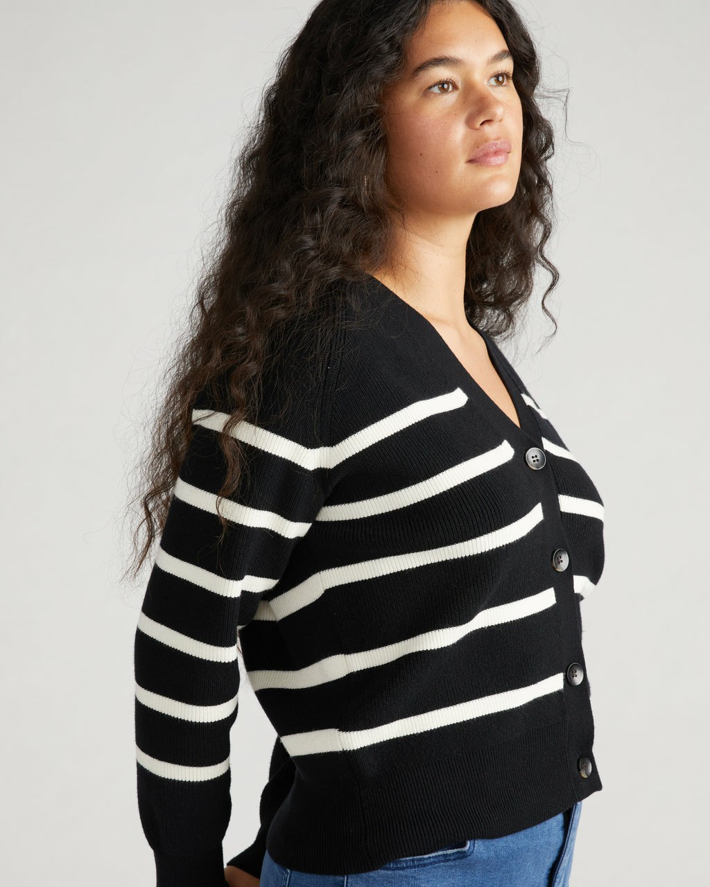 Universal Standard Better-Than-Wool Cardigan - Black/Cream Stripe