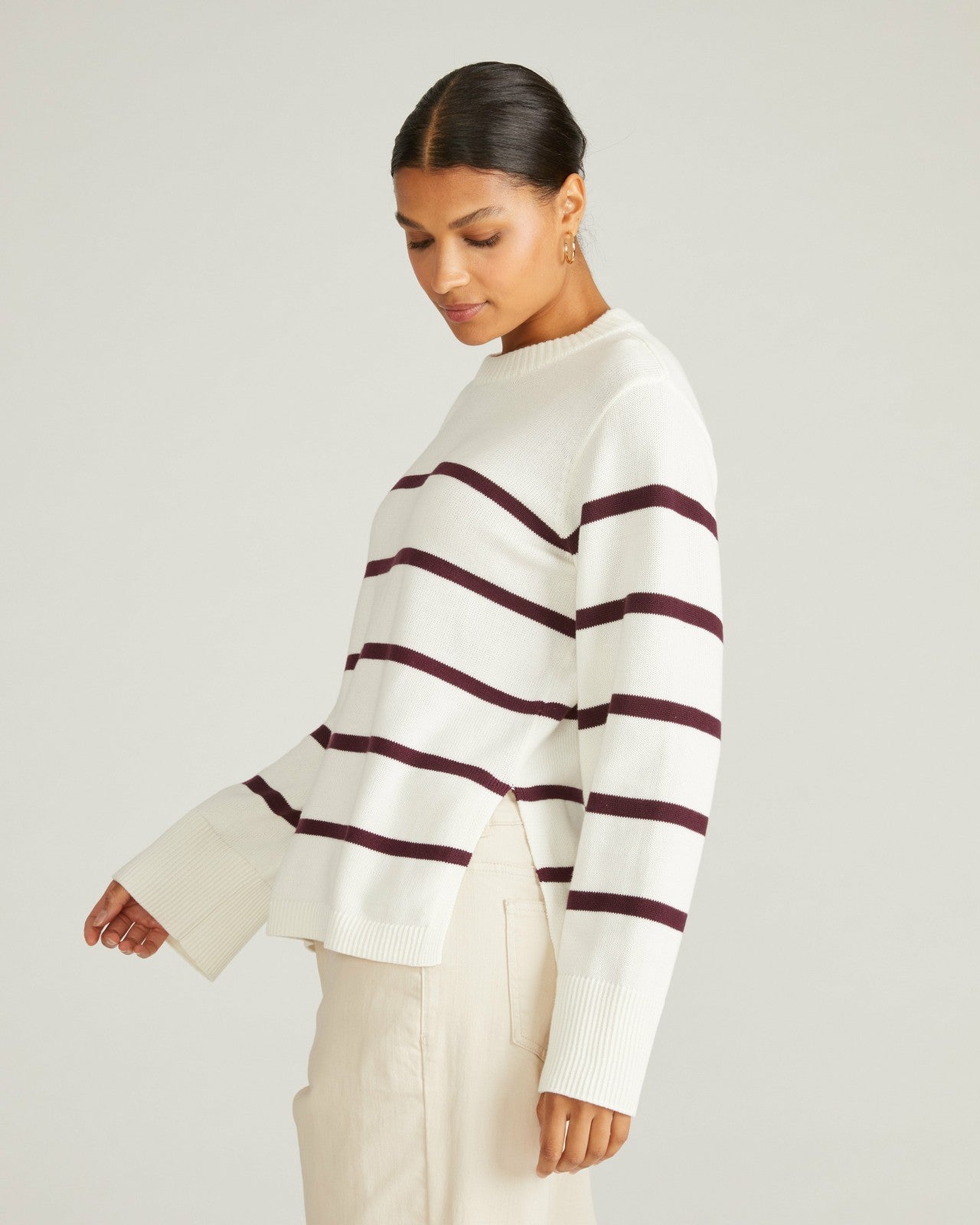 Universal Standard Bardot Wide Sleeve Cotton Sweater - Cream/Acai Stripe