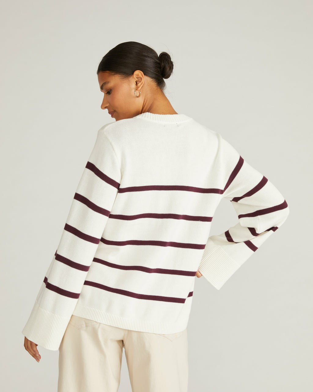 Universal Standard Bardot Wide Sleeve Cotton Sweater - Cream/Acai Stripe