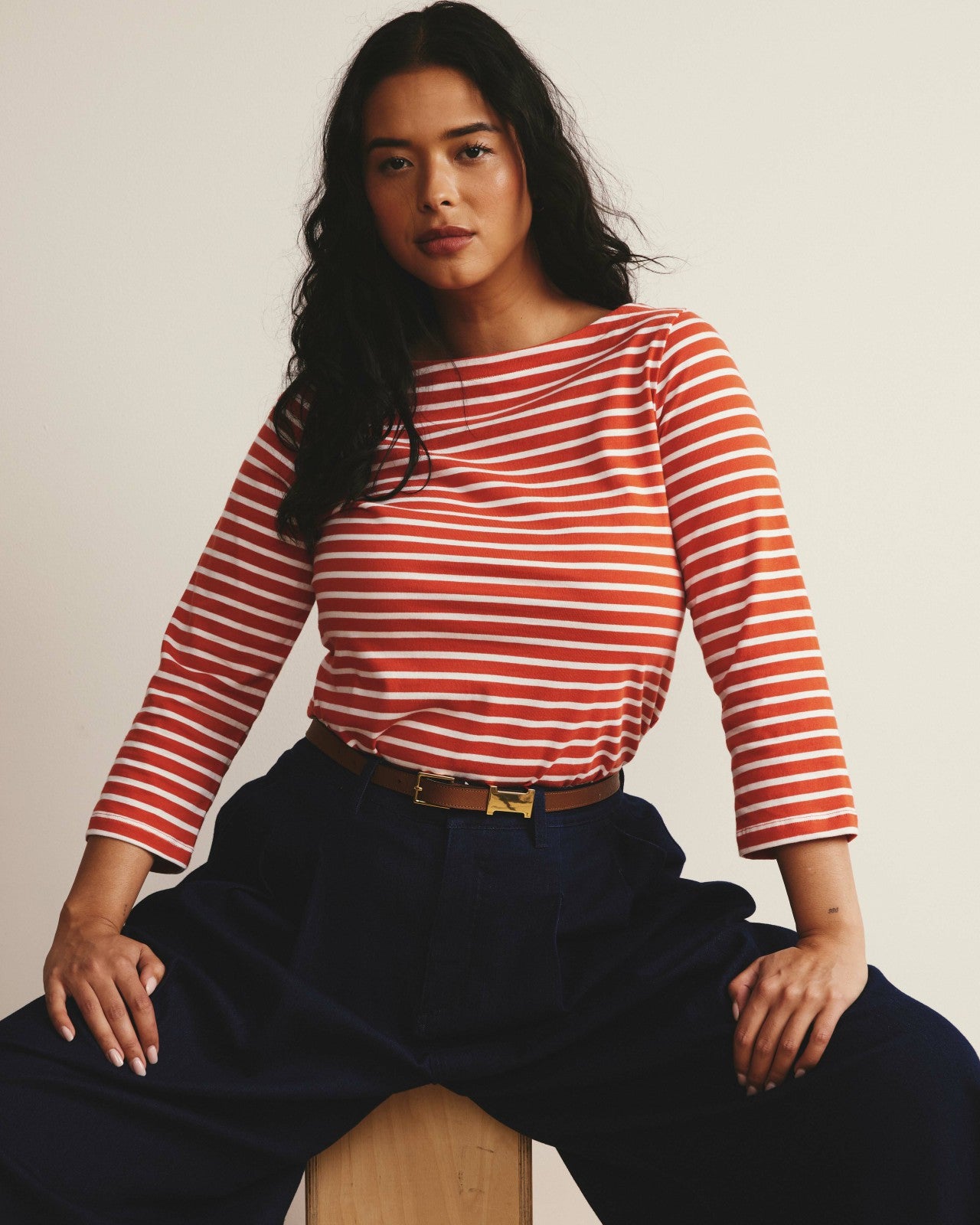 Universal Standard Belle Breton Stripe Jersey Tee - Coral Reef/White Stripe