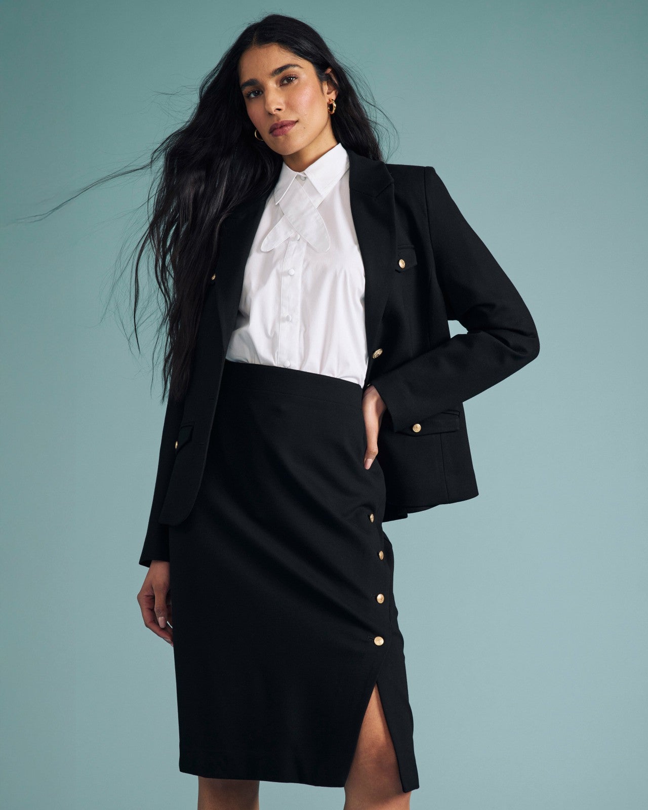 Universal Standard Anya Ponte Skirt - Black with Gold Buttons